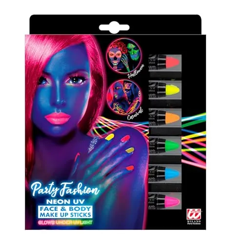 W WIDMANN MILANO Party Fashion 09602 - Neon Schminkstifte 6er Set, Fluoreszierende Farbe, Neon Party, Face- und Bodypainting Farben