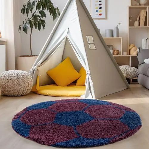 Carpettex Kinderteppich Fußball-Design Marineblau 120 cm Rund - Hochflor Teppich Kinderzimmer für Mädchen und Jungen Super Weich Flauschig - Runder Spielteppich Babyteppich Gaming Teppich Babyzimmer