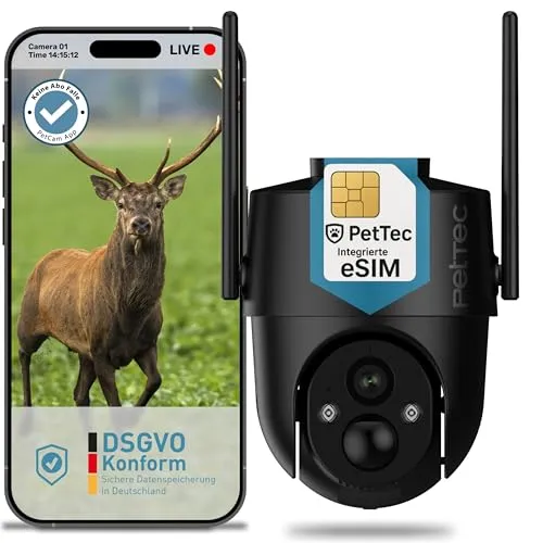 PetTec Pet Cam Free'n 360 4G LTE Überwachungskamera - Überwachungskamera mit 3MP Ultravision, Bewegungserkennung und Pan&Tilt Funktion. Ideal für abgelegene Standorte, dank 4G/LTE Technologie und langer Akkulaufzeit.