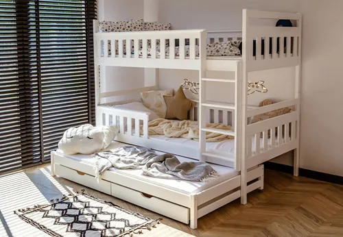 Hochbett 90x200 mit Ausziehbett und zwei Schubladen - Massives Vollholz-Bett mit Rausfallschutz, umbaubar in drei Einzelbetten und ideal für Kinder von 4 bis 18 Jahren. Praktisches Rausziehbett für Übernachtungsbesuche.