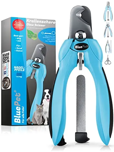 BluePet Profi Krallenschere für Hunde & Katzen - Krallenpflege für Hunde - Extra scharfer Krallenschneider mit einstellbarer Größe und integrierter Feile für schmerzfreies Schneiden zu Hause.
