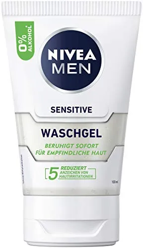 NIVEA MEN Sensitive Waschgel 100 ml - Reinigungsschaum & Gele für das Gesicht – Sanftes, seifenfreies Waschgel mit Kamille und Vitamin E, ideal für empfindliche Männerhaut, beruhigt Hautirritationen und hinterlässt ein frisches Hautgefühl.