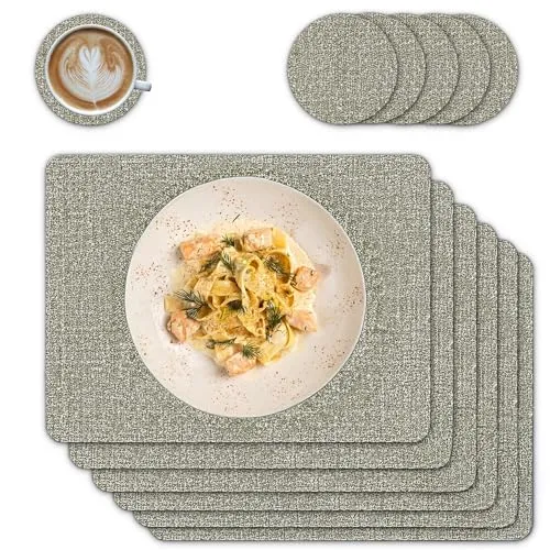 matches21 HOME & HOBBY Tischsets mit Untersetzer 6er Set Greige Grau-Beige - abwaschbare Leinen Stoff-Optik Platzsets