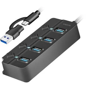 LogiLink USB-Hub UA0419, schwarz, mit Netzteil, 4 USB 3.0 Ports, Anschluss-Stecker USB-C und USB-A