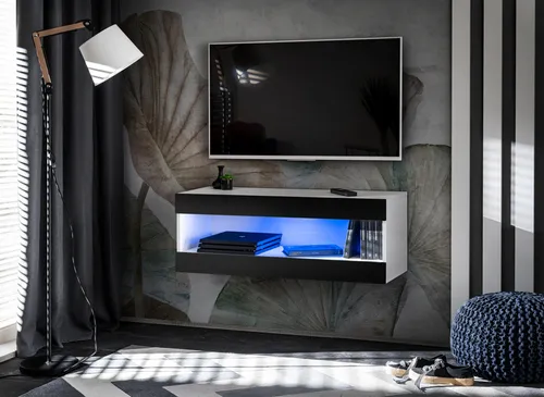 Komodee, RTV-Schrank, Tivoli RTV2, Weiß/Schwarz, Breite 100cm x Höhe 36cm x Tiefe 35cm, LED Blau, für Wohnzimmer, Schlafzimmer