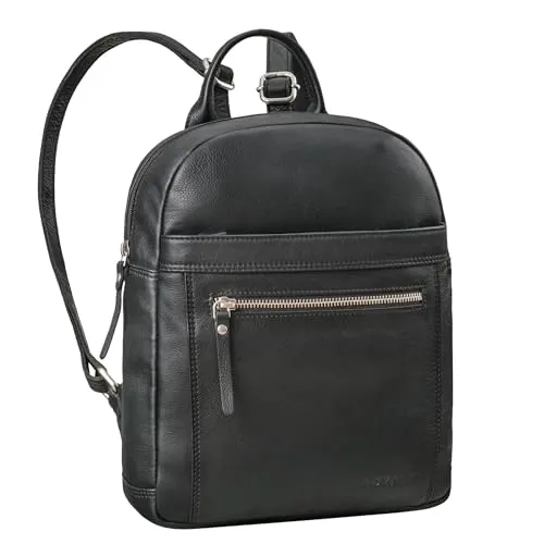 ROYALZ City Rucksack Damen klein Leder Tagesrucksack 'Delaware' moderne Vintage Rucksack-Handtasche Echtleder passend für DIN A5 Dokumente Daypack, Farbe:Schwarz