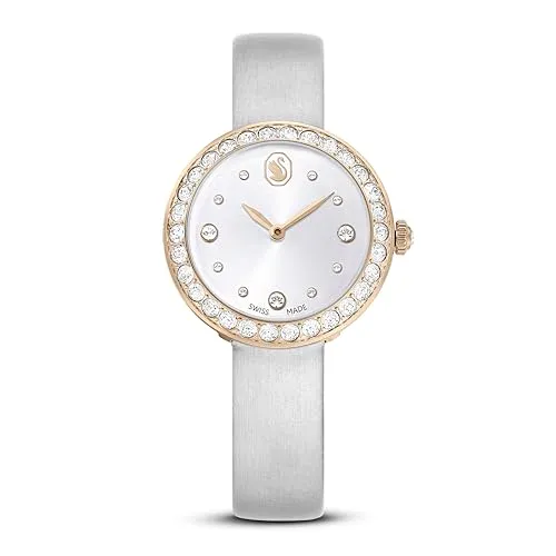 Swarovski Matrix Tennis Uhr - Elegante Damenarmbanduhr aus Schweizer Produktion, 30 mm Edelstahl mit Roségold-Finish, Pavé-Lünette und grauem Lederarmband für höchsten Tragekomfort, wasserdicht bis 50 Meter.