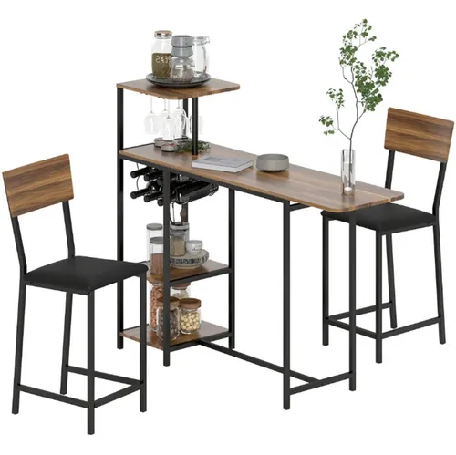 XDeer Bartisch 3-teiliges Bartisch-Set, 1 Bartisch, Esstisch mit 2 Stühle, Küchentisch mit Weinregal, Glashalter, Offene Regale