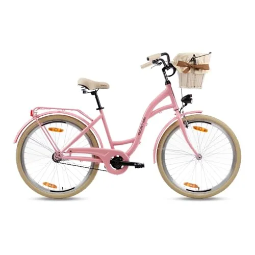 Goetze Style 26 Zoll Damen Citybike, 17 Zoll Tiefeinsteiger Rahmen, 1-Gang Rücktrittbremse, V-Bremse vorne, LED-Beleuchtung, Gepäckträger, Rattankorb, Komfortsattel, mit Ständer & Klingel