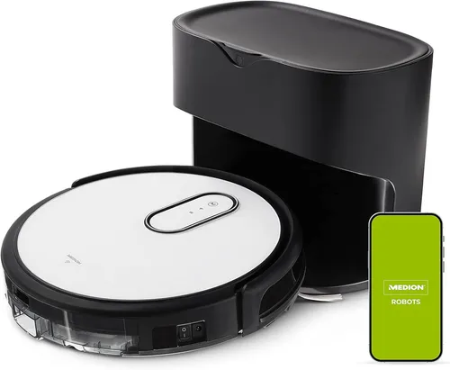 MEDION S40 Saugroboter mit Absaugstation - Staubsaugroboter mit 2000Pa Saugkraft, intelligenter Navigation und automatischer Teppicherkennung für optimale Reinigung auf Hartböden und Teppichen. Ideal für Tierhaare.