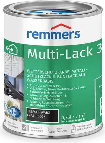 Remmers Multi-Lack 3in1 tiefschwarz, 0,75 Liter - Farben – Hochwertiger Wetterschutzlack für Holz, Metall & PVC, vereint Grund-, Zwischen- und Schlussbeschichtung in einem Produkt, ideal für innen und außen.