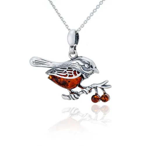 Silber Halskette Bernsteinspatz mit Bernstein in Cognac Farbe