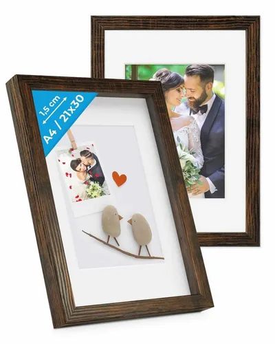 PHOTOLINI 3D Bilderrahmen A4 zum Befüllen aus dunkler Eiche - KREATIV & VIELSEITIG: Befüllbarer 3D Bilderrahmen in A4 für persönliche Geschenke und Erinnerungen. Ideal für Hochzeiten, Geburtstage und kreative Deko-Ideen. Hochwertiger MDF-Rahmen mit Passepartout für individuelle Gestaltung.