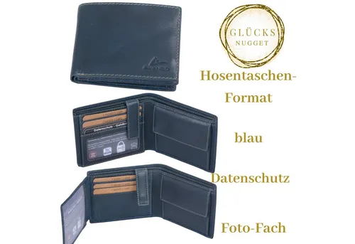 GlücksNugget Herrenbörse aus blauem Echtleder mit Foto-Sichtfenstern