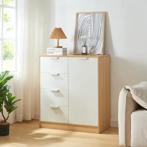 [en.casa] Kommode Varkaus mit 4 Schubladen und 1 Tür - Kommode in Eichenoptik/Weiß, zeitloses Design mit großem Stauraum, ideal für Schlafzimmer, Wohnzimmer oder Flur.
