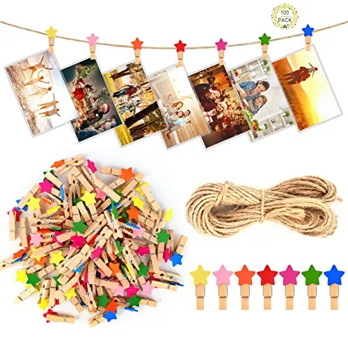 Bubuyun 100 Stück Mini Holzklammern Sternen Wäscheklammer 4cm Klein Wäscheklammer Holz Rostfrei FotoKlammern Bunt Deko Klammern Zierklammern mit 10m Natur Juteschnur für Hochzeit Party Fotohalter Deko