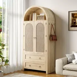 Merax Kleiderschrank im Korbgeflecht-Bogenstil mit Rattan-Türen - Praktisches Sideboard im Vintage-Stil mit Doppelschubladen und offenen Regalen. Ideal für stilvolle Aufbewahrung im Wohnzimmer oder Schlafzimmer und schützt Ihre Gegenstände vor Staub.