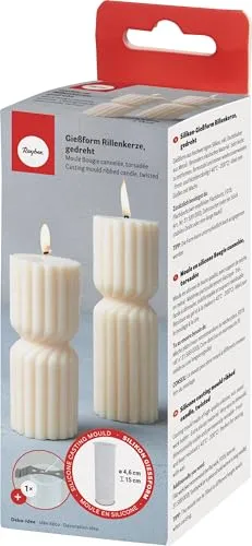 Rayher Silikon Gießform Rillenkerze, gedreht, 4,6 cm ø, Höhe 15 cm, + Dochthalter Metall, zum Ausgießen mit Wachs, 36201000