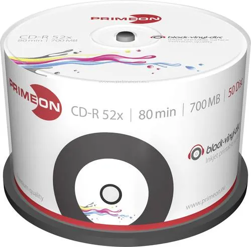 Primeon 2761107 CD-R 80 Rohling 700 MB 50 St. Spindel Vinyl, Bedruckbar