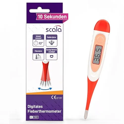 scala SC 1501 flex Fieberthermometer digital – 10 Sek. Messzeit, flexible Spitze, Fieberalarm, wasserdicht – oral, rektal & axillar – für Baby, Kinder & Erwachsene (rot)