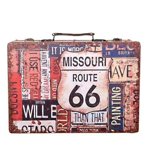 Birendy Truhe Kiste Reise, Auto Koffer, Kofferset, Mit Kunstleder Schatzkiste Piratenkiste, Holzbox (1711-Route66-M-26cm)