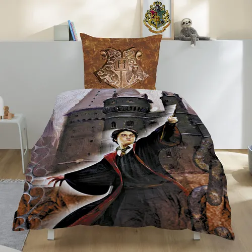Familando Kinderbettwäsche Harry Potter 135x200 cm - Bettwäsche-Sets aus extra flauschigem Fleece, ideal für Harry Potter Fans, hält im Winter warm und zeigt das Hogwarts Wappen.