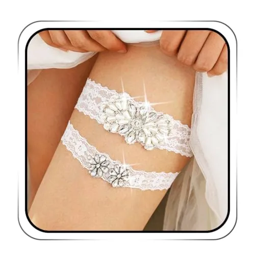 IYOU 2 Stück Hochzeit Bein Gürtel Weiß Glänzend Strass Spitze Strumpfband Funkeln Kristall Strumpfband Abschlussball Party Hochzeit Strumpfband einstellen zum Braut und Brautjungfer