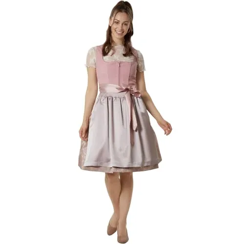 dressforfun Midi Dirndl Damen, Trachten Dirndlkleid Damen, Trachtenrock mit Schürze Dirndl, Zierschnürung Trachtenmieder, mit Dirndlbluse kombinierbar - rosé/Silber, 34
