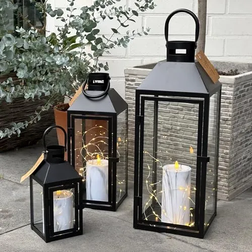 3er Deko Laternen Set Schwarz - Gartenlaterne Windlicht Metall H23/39/49cm - Laternen-Set aus pulverbeschichtetem Metall, ideal für stimmungsvolle Beleuchtung im Innen- und Außenbereich.