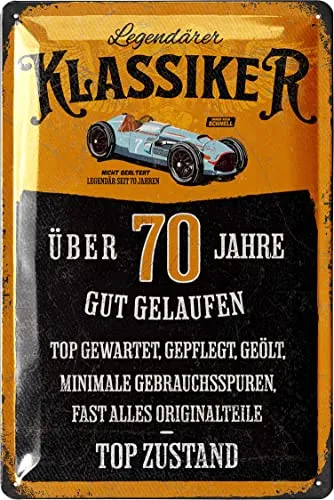 LANOLU Blechschild Schild 70 Geburtstag, SCHILD 70 JAHRE KLASSIKER, Geschenke für den 70 Geburtstag Mann, 70 Geburtstag Deko als lustige Geburtstagskarte, Metallschild 20x30 cm