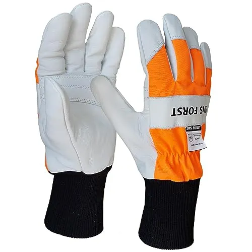 SWS Forst GmbH Schnittschutzhandschuh aus Leder Forsthandschuh Lederhandschuh Klasse 1 20 m/s weiß/orange Gr.M
