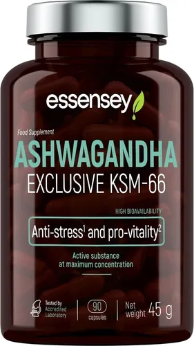 ESSENSEY - ASHWAGANDHA I 200mg I 90 Kapseln I Ashwaghanda KMS-66 I 10 mg Vitanolide I Vegetarier & ohne Zustze I KSM-66 Premium-Rohstoff I Zellulosekapsel