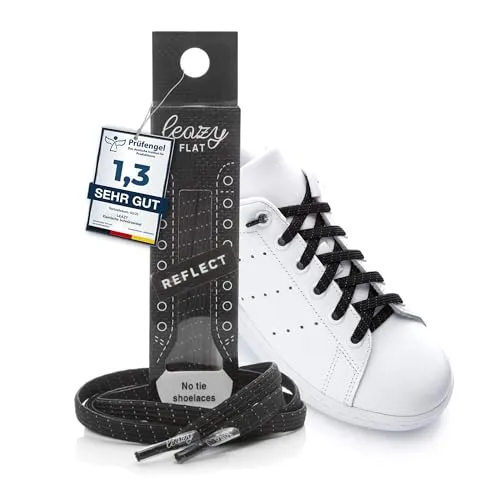 leazy flat Schnürsenkel, Schwarz reflect, S: Bis 4 Ösen pro Seite, 1 Paar