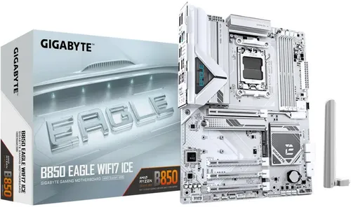 Gigabyte B850 EAGLE WIFI7 ICE - Hochleistungs-Motherboard - Mainboard mit ATX-Format, LGA1851-Sockel und AMD B850 Chipsatz, ausgestattet mit Wi-Fi 7 und 2.5 Gigabit LAN für blitzschnelle Netzwerkverbindungen.