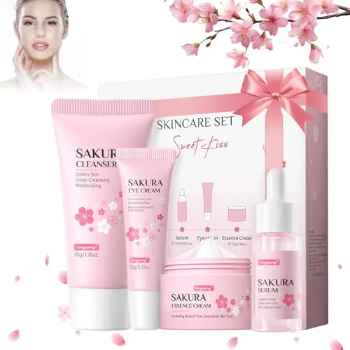 Fengyang® Hautpflegesets,4-teiliges Hautpflege-Set mit Gesichtscreme, Serum, Reinigung,Augencreme, Feuchtigkeitsspendend & Anti-Aging,Gesichtsgeschenkset für Frauen/Teenager-Mädchen(4pcs)