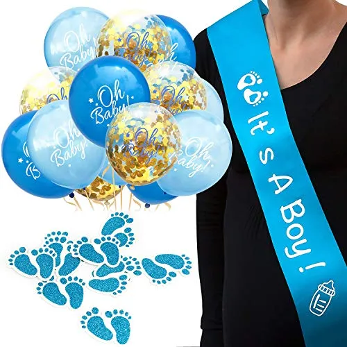 Oblique Unique® Baby Shower Baby Party Deko Set für Jungs Jungen - It`s A Boy ! Schärpe + Oh Baby! Konfetti Luftballon Set + Füßchen Konfetti Blau