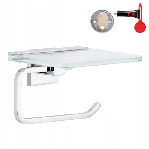 tesa DELUXXE Toilettenpapierhalter mit Ablage aus Milchglas in silber von tesa