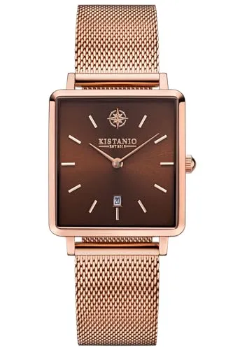 Kistanio Carre Damenuhr mit Milanaiseband Datum Edelstahl Rose Braun Saphirglas CAR-RG-BR-M