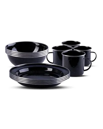 Mil-Tec Essgeschirrsatz 14678002, Schwarz, 12-teilig - Robuster 12-teiliges Essgeschirr-Set aus doppelt beschichtetem Stahlblech, ideal für Outdoor-Aktivitäten und platzsparend.