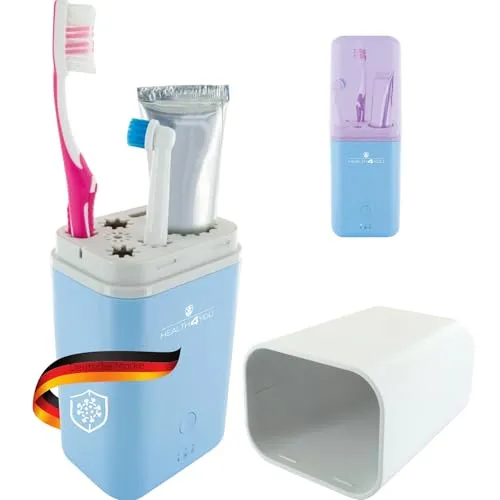 SCHWAIGER 662092 UV-Sterilisator Zahnbürstenhalter Zahnputzbecher Zahnbürsten-Reiseetui UVC-Licht Zahnbürstentrockner Desinfektion Miniventilator blau/weiß