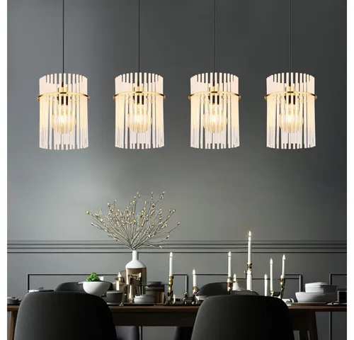 Elegante LED Hängeleuchte mit Glasstäben - 4x 9W, gold & klar opal - Moderne Pendelleuchte für Esszimmer und Wohnzimmer, mit 4x 810lm warmweißem Licht und luxuriösem goldfarbenem Metallkorpus. Perfekt für stilvolle Akzente und angenehmes Lichtambiente.