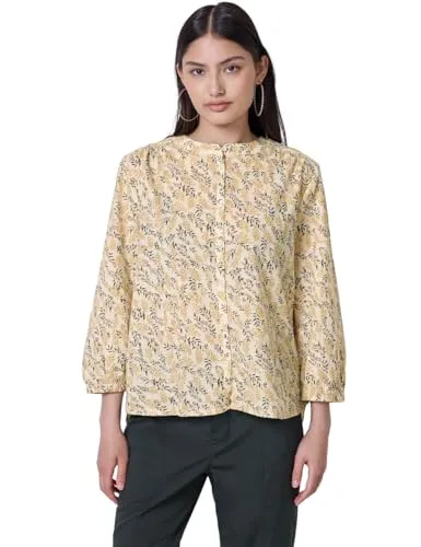 Street One Studio Damen F345674 Gemusterte Baumwollbluse - Damenbluse in Blend Yellow, aus reiner Baumwolle mit floralem Muster, ideal für einen frischen Look im Frühling.