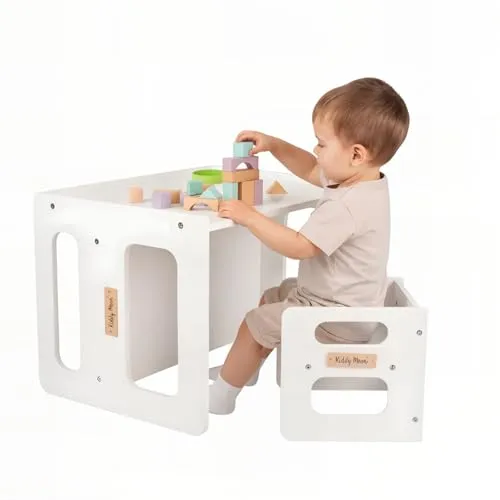 KiddyMoon Kindertisch Mit Stuhl Für Kinder Runde Tresor Kanten Kinderzimmer Möbel, Weiß