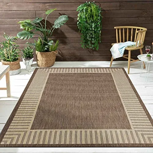 VIMODA In- und Outdoor Teppich Terrassen & Balkon Küche Wohnzimmer Teppich Bordüre, Farbe:Beige, Maße:Ø 160 cm Rund