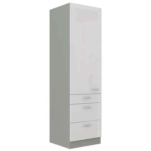 Küchen Hochschrank 60 Bianca Weiß Hochglanz + Grau - Einbauküchen-Komponenten mit 3 Schubkästen und variablen Böden für optimale Stauraumnutzung und moderne Optik.