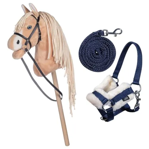 HKM Kids Hobby Horse, Palomino, Beige, mit Halfter und Führstrick in Dunkelblau, Steckenpferd für Kinder, Pferde Spielzeug