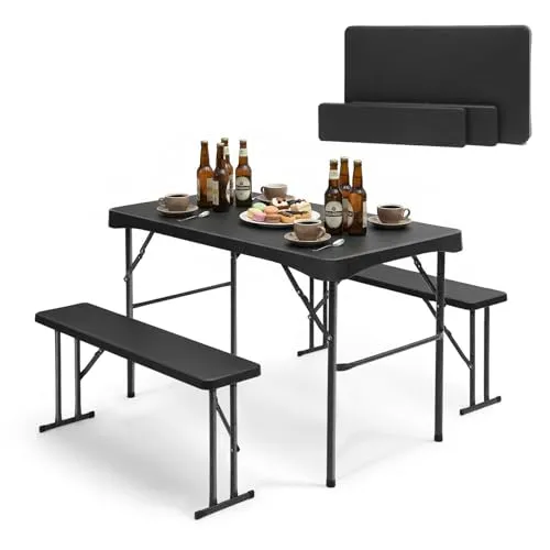 Sekey Bierzeltgarnitur Klappbar Kunststoff | 113 x 61 cm Esstisch Set mit 2 Bänken für 4 Personen | Festzeltgarnitur für drinnen
