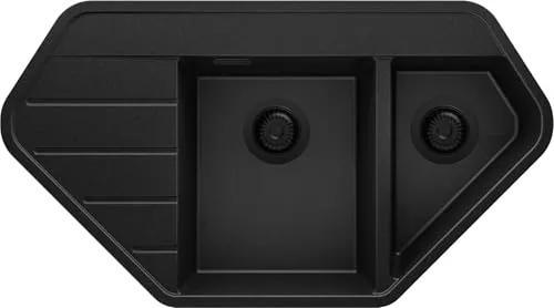 PRIMAGRAN Eckspüle Alles Schwarz 90x50cm, Granitspüle 1,5 Becken + Ablauf-Set, Küchenspüle ab 70er Unterschrank - Kopenhagen Corner S007