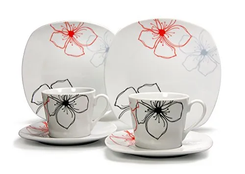 CreaTable Kaffeeservice TROPICAL FLOWERS 18-tlg aus Porzellan - Kaffeeservice 18-tlg mit modernem Blumendekor, spülmaschinen- und mikrowellengeeignet, ideal für stilvolle Kaffeerunden.