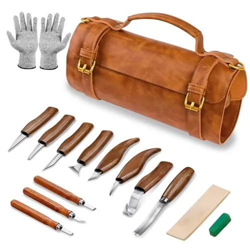 Fynokst Schnitzwerkzeug, 15 Set of Holzschnitzwerkzeug Deluxe Schnitzset Kinder, Schnitzmesser Erwachsene enthalten Schnitzmesser, Tranchiermesser, Handschuhe, Poliermittel, Ledertasche